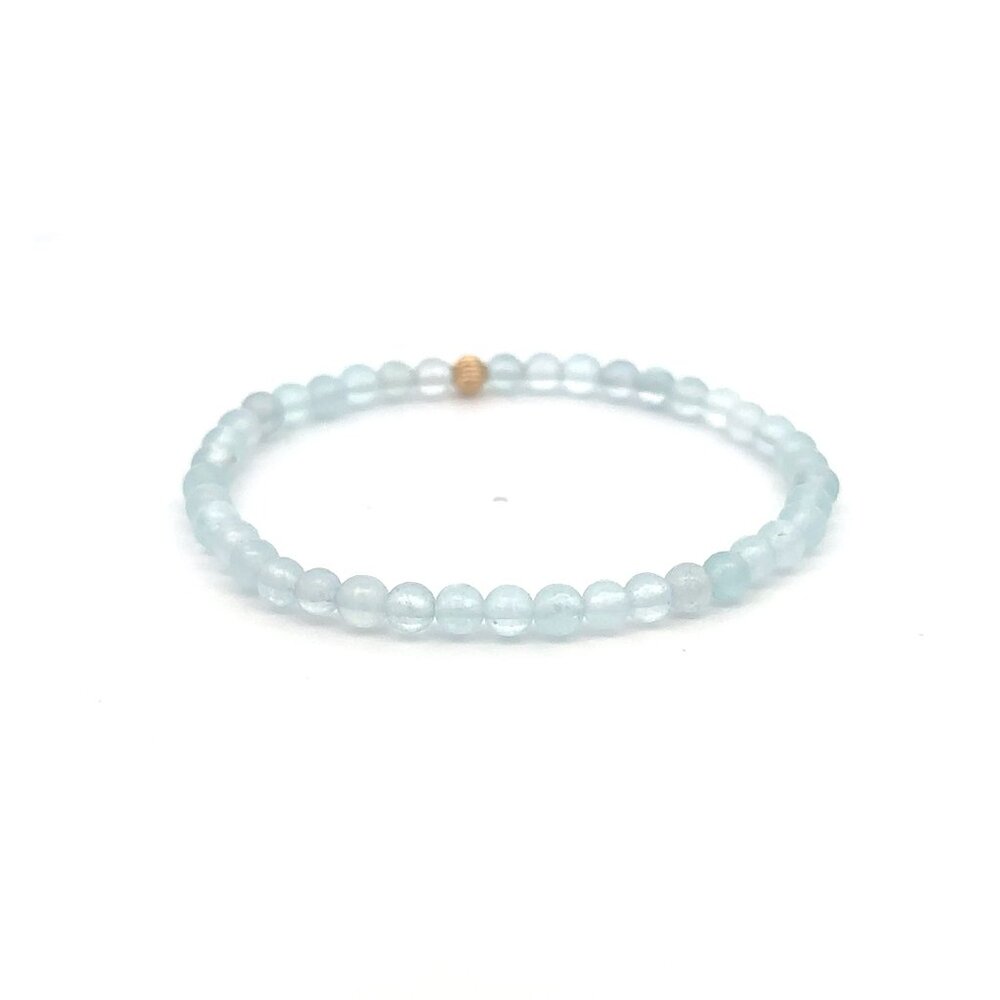 Gemstones Aquamarine Mini 4mm Stretchable Bracelet 14k Gold Bead Corrugated - Picture 5 of 6